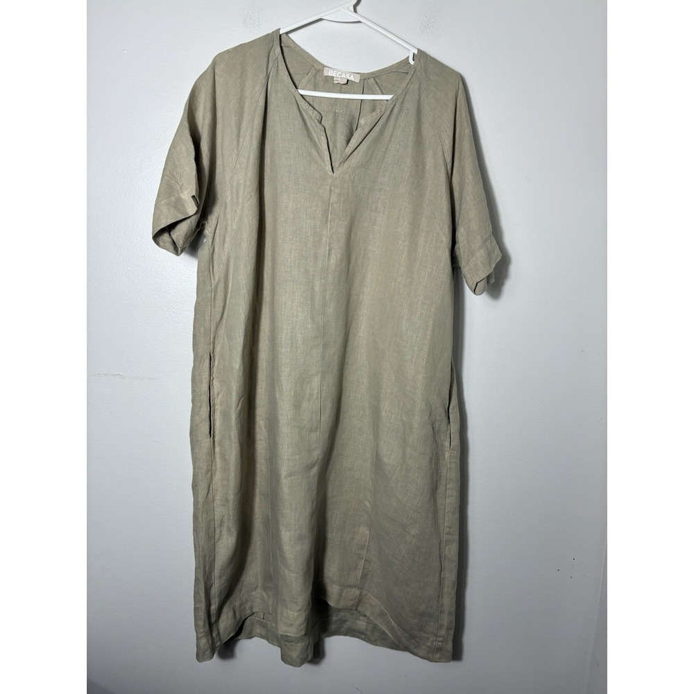 Becasa 100% Linen Midi Dress Sz Large Oatmeal Coastal Beach Pockets Lagenlook